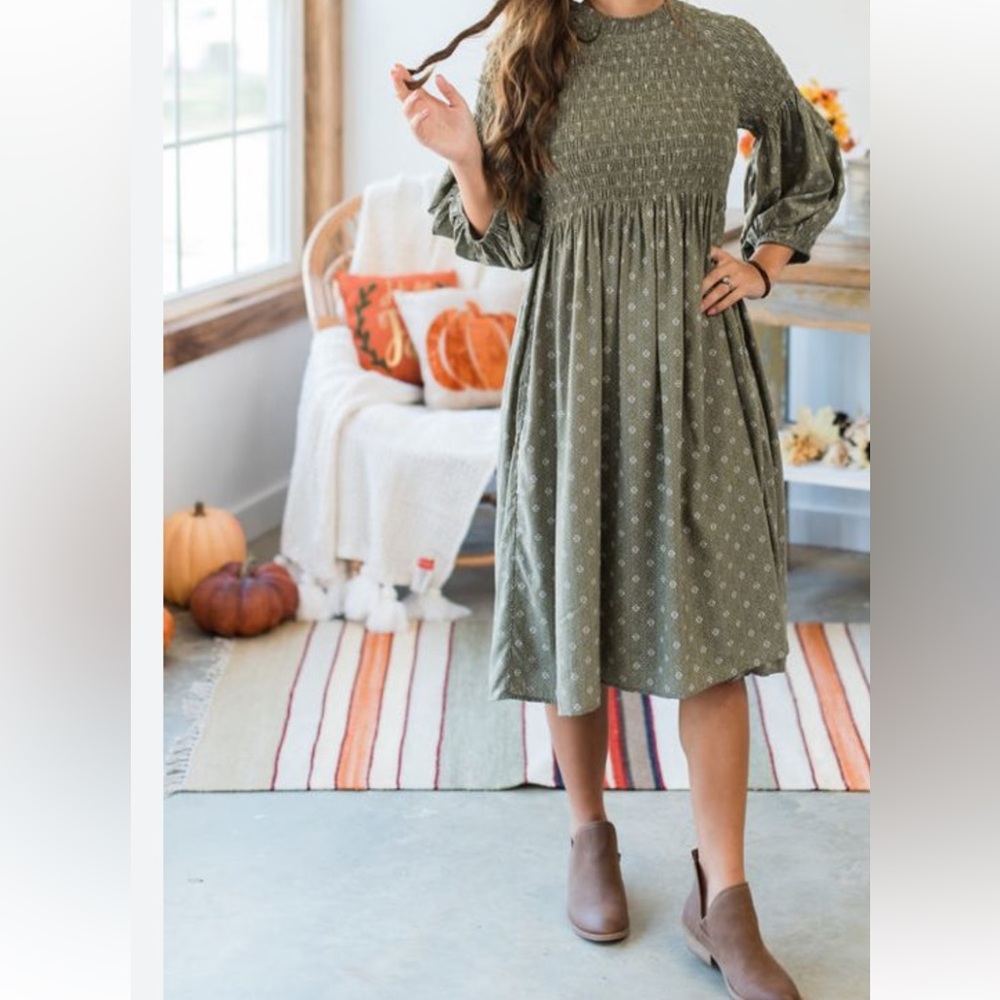 Polagram Olive Green Smocked Midi Dress with Subtle Print
